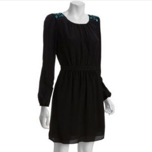 Shoshanna 100% silk black long sleeve beaded shoulder dress party fun modest